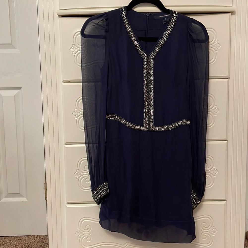 Long sleeve navy silk dress with pear and rhinestone detail